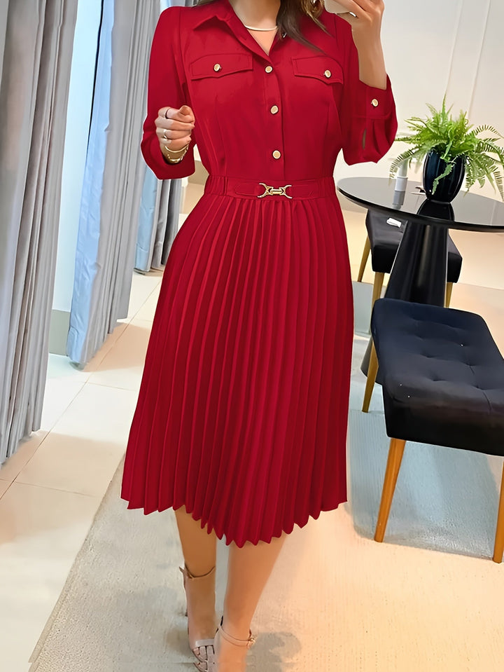 Casual cotton Button Front Pleated Long Sleeve Formal Dress for Women | Ideal for Spring