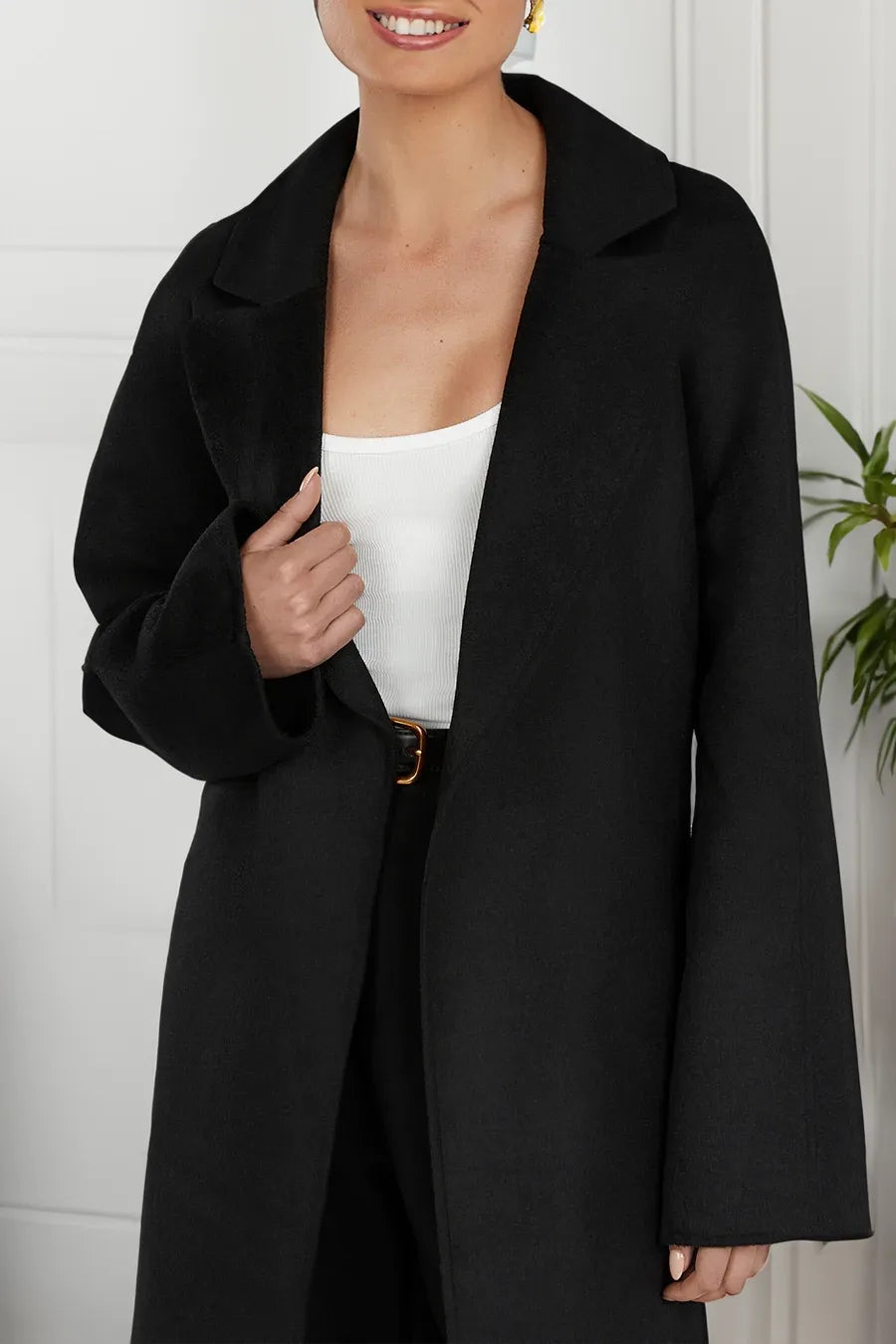 Women's Classic Woolen Long Trench Coat with Turn-Down Collar | Ideal for Autumn/Winter