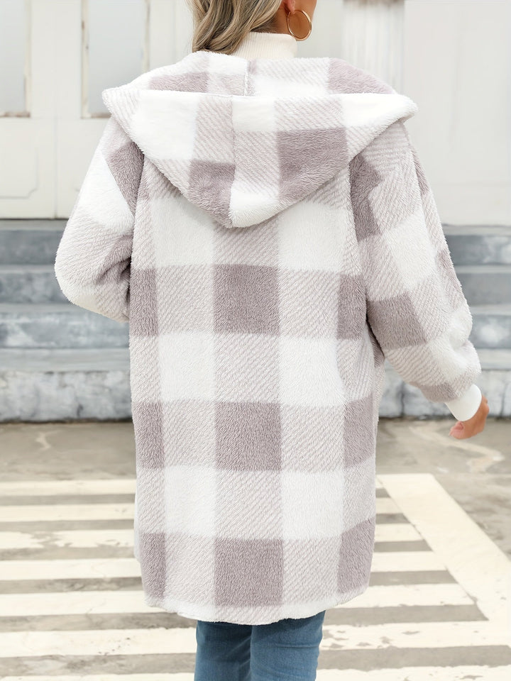 Casual Hooded Plaid Fleece Knitwear Cardigan for Women | Perfect for Winter