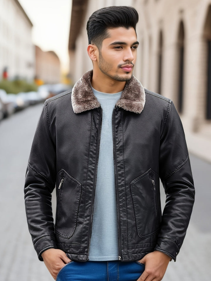 Casual Fleece Lined PU Leather Winter Jacket for Men | Ideal for Winter