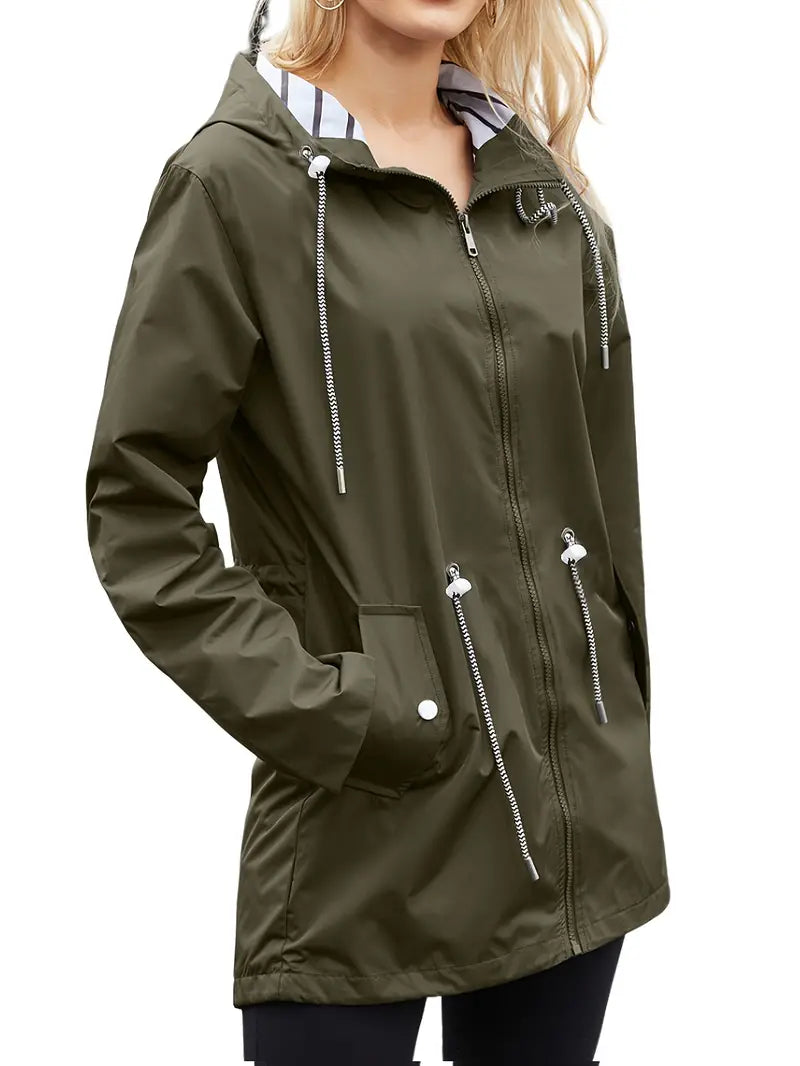 Women's Stylish Waterproof Zip Up Rain Coat with Hood and Drawstring | Ideal for Autumn/Winter