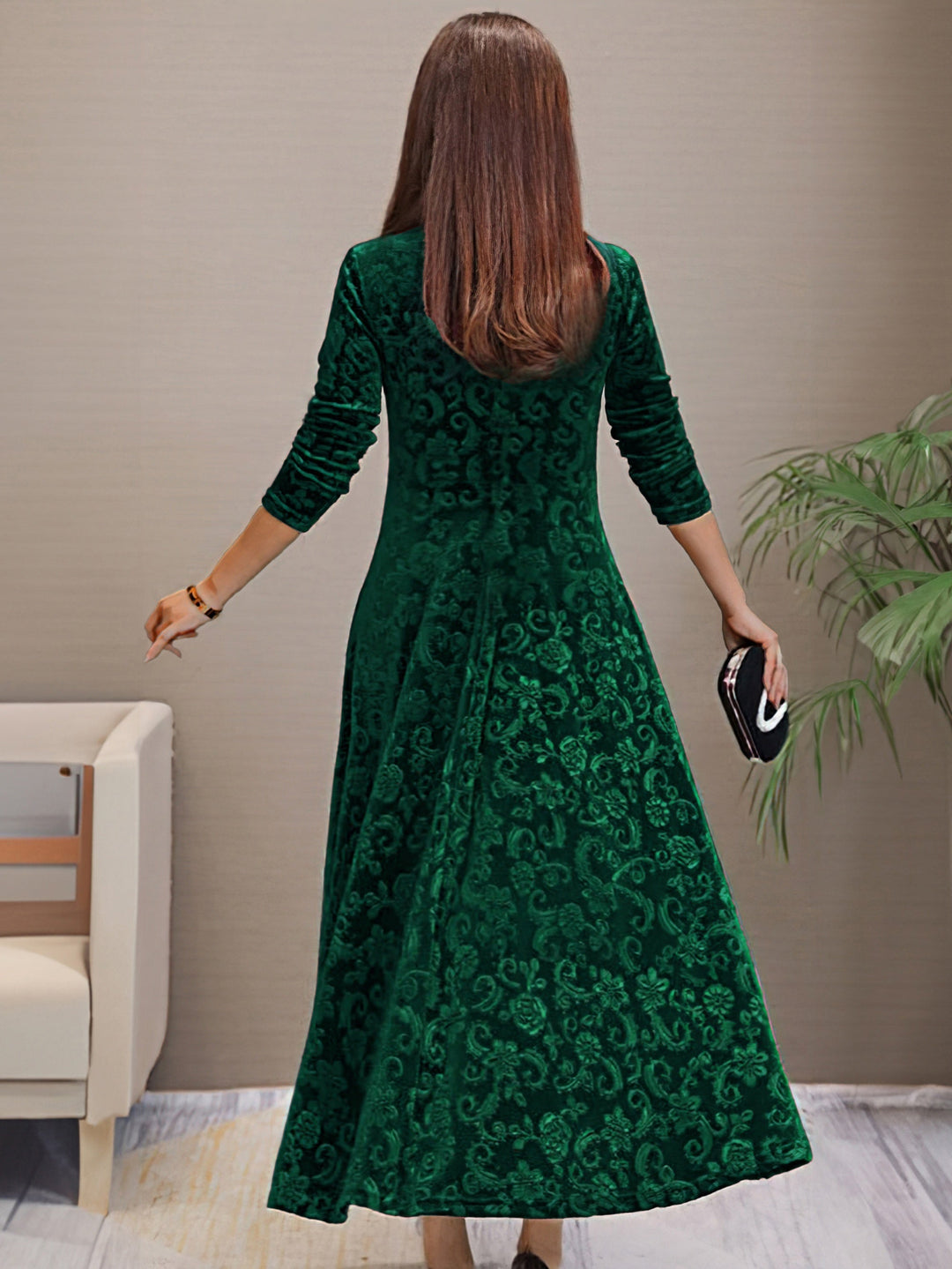 Stylish cotton Plus Size Floral Pattern Velvet V-Neck Long Sleeve Formal Dress for Women | Ideal for Autumn