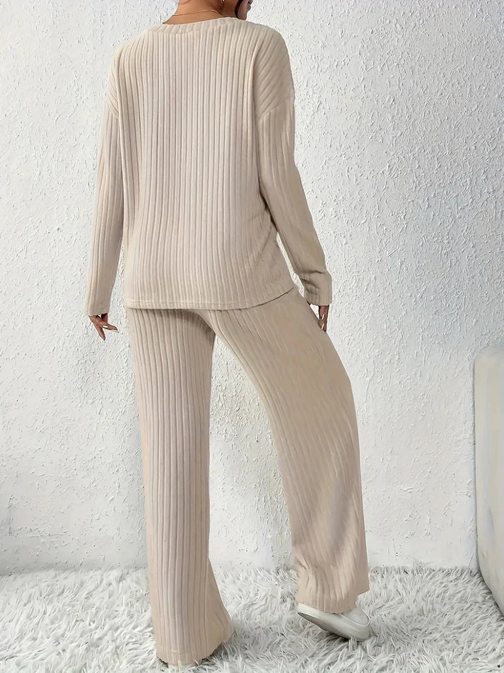 Women's V-Neck Long Sleeve Knit Top & Straight-Leg Pants Set | Ideal for Autumn/Winter