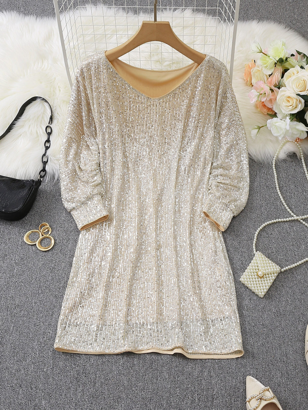 Casual Contrast Sequin V-Neck Long Sleeve Party Wear Formal Dress for Women | Ideal for Winter