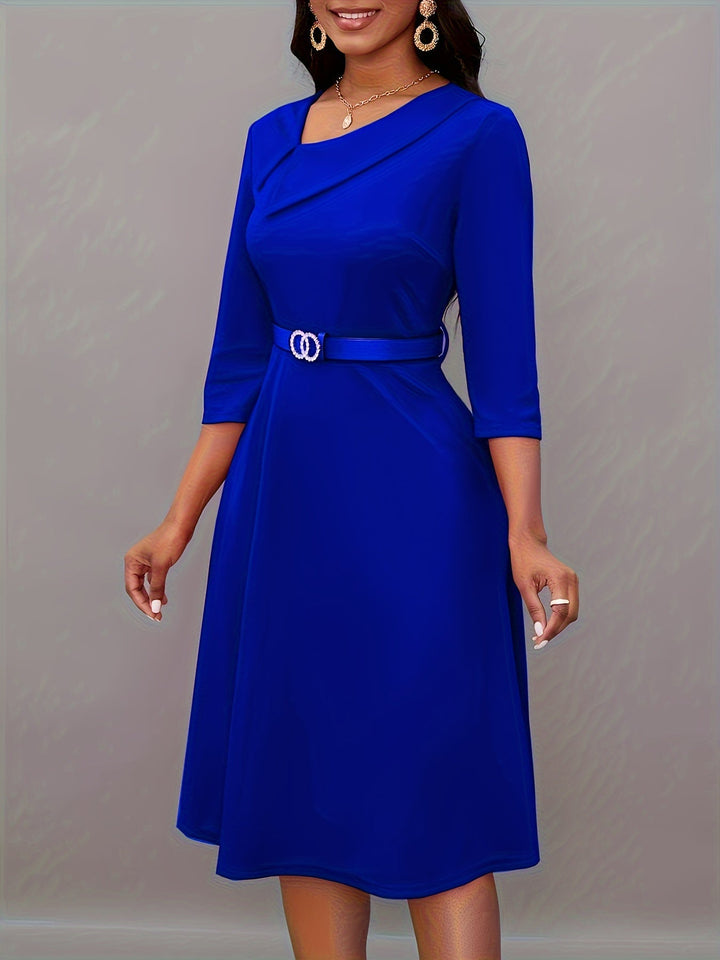 Stylish Solid Asymmetric Neck Belted 3/4 Sleeve Formal Dress for Women | Ideal for All Seasons