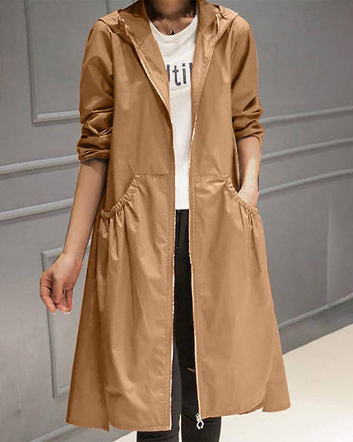 Women's Classic Windbreaker Trench Coat with Hood and Zipper | Ideal for Autumn/Winter