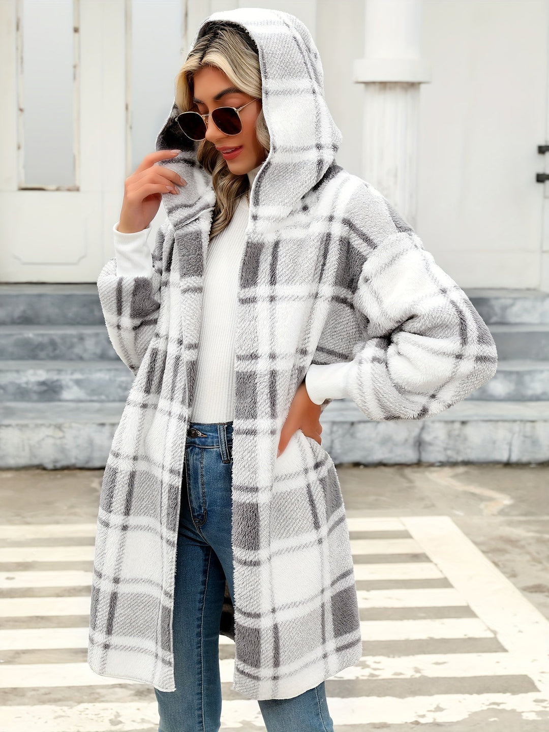 Casual Hooded Plaid Fleece Knitwear Cardigan for Women | Perfect for Winter