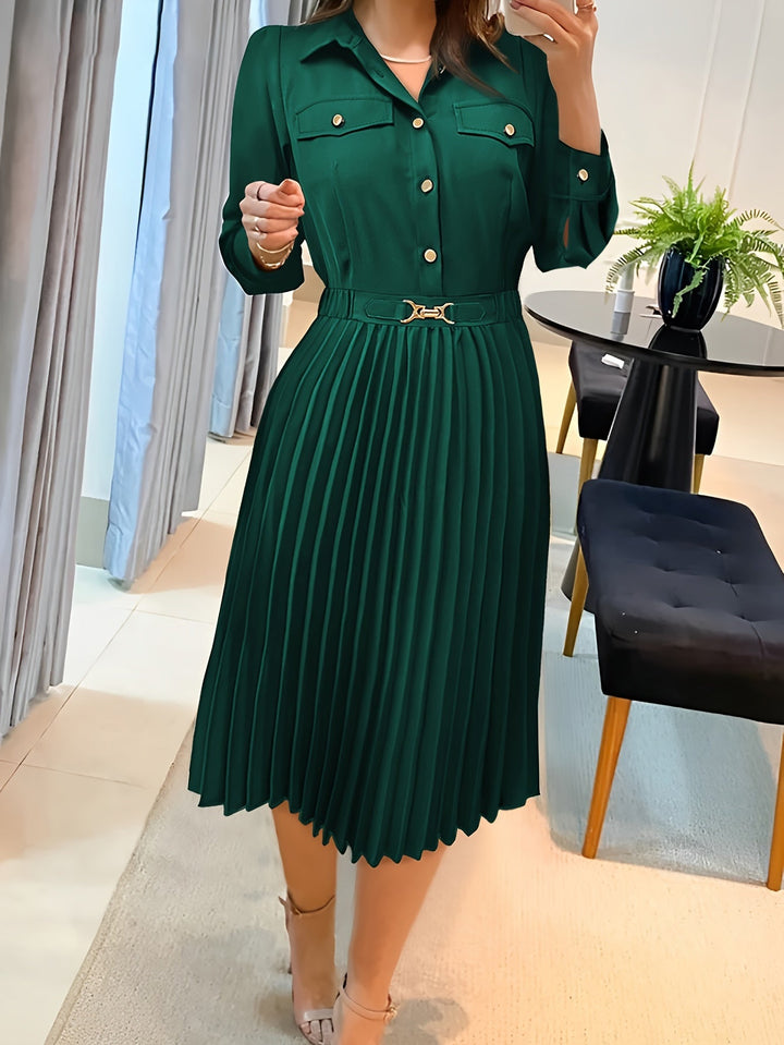 Casual cotton Button Front Pleated Long Sleeve Formal Dress for Women | Ideal for Spring