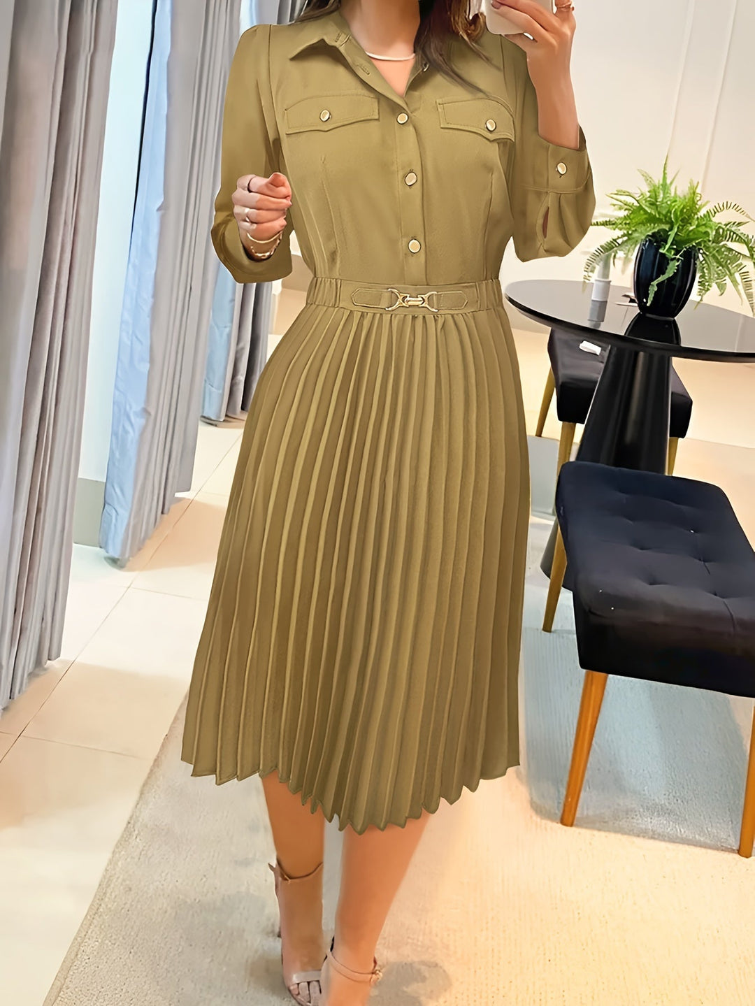 Casual cotton Button Front Pleated Long Sleeve Formal Dress for Women | Ideal for Spring