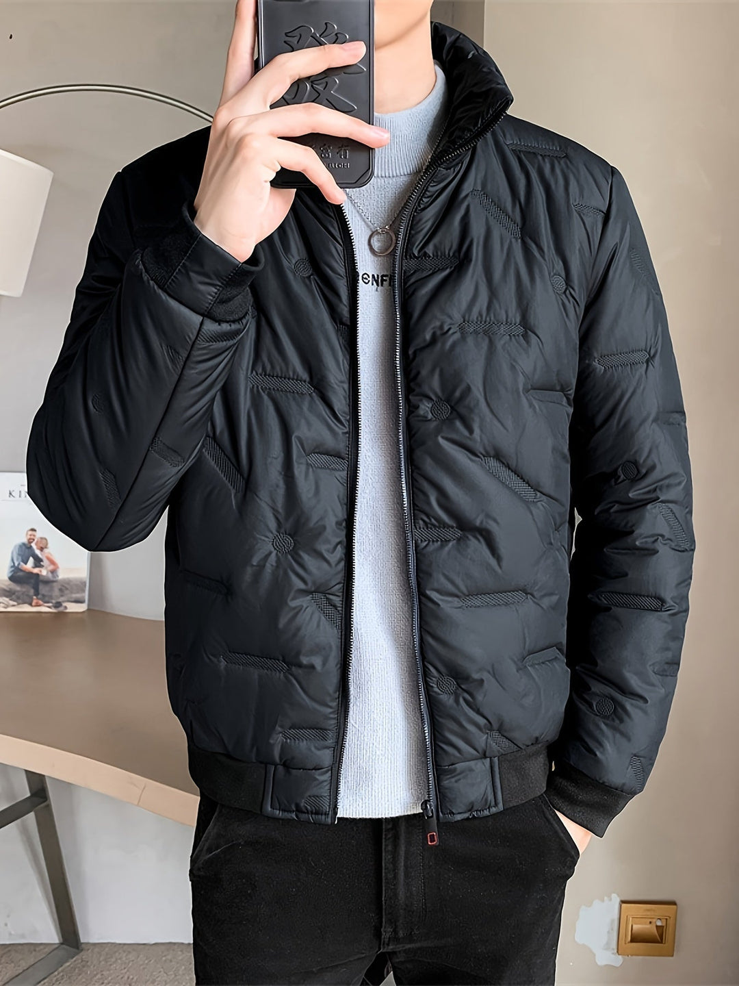 Casual Black Cotton Winter Jacket With Stand Collar And Zipper For Men | Ideal for Winter