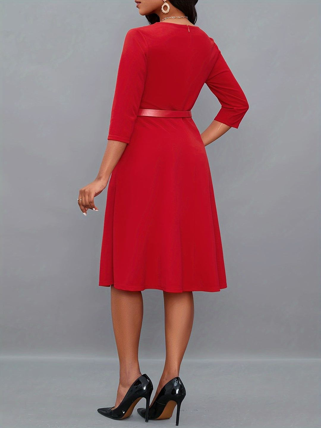 Stylish Solid Asymmetric Neck Belted 3/4 Sleeve Formal Dress for Women | Ideal for All Seasons