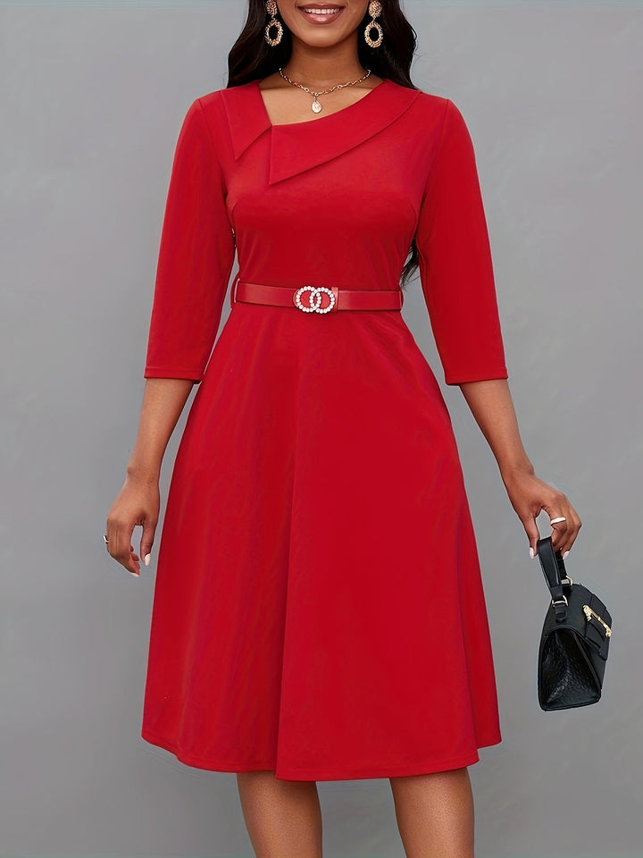 Stylish Solid Asymmetric Neck Belted 3/4 Sleeve Formal Dress for Women | Ideal for All Seasons