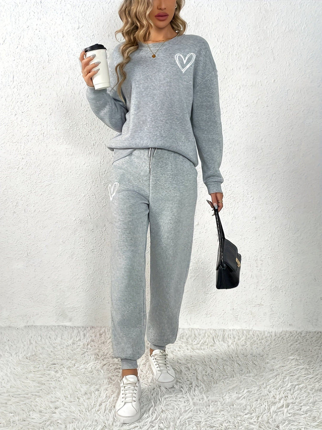 Women's Heart Pattern Round Neck Sweater & Joggers Tracksuit Set | Ideal for Autumn/Winter