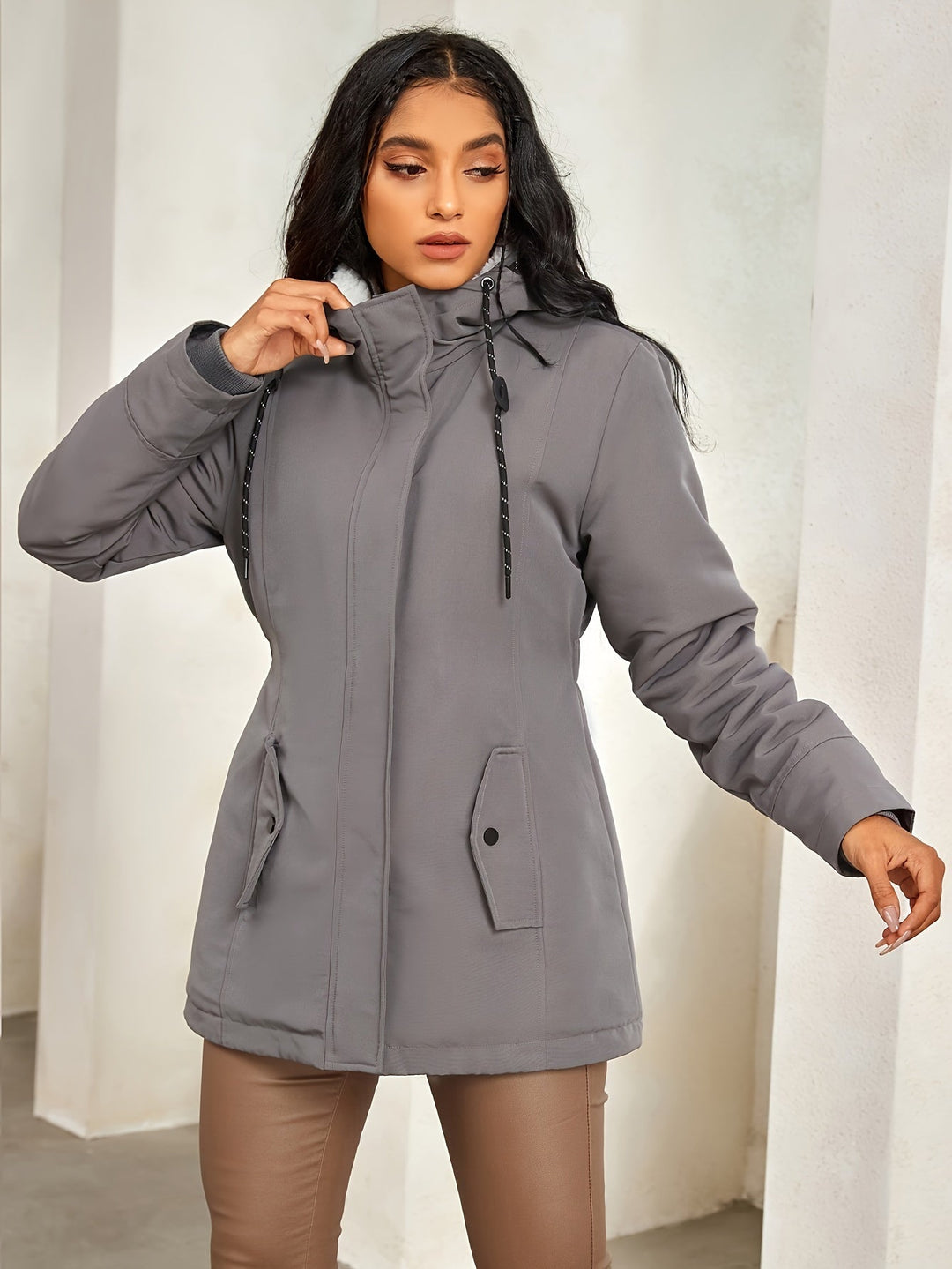 Casual Grey Fleece Parka Winter Jacket with Hood for Women | Perfect for Winter