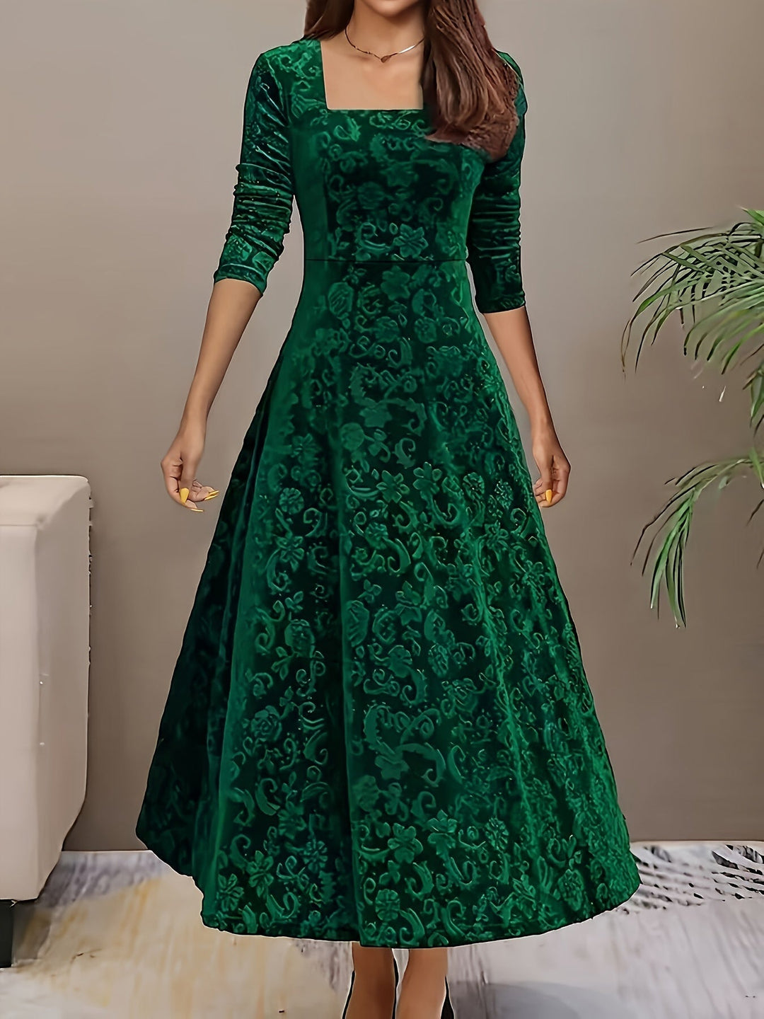 Stylish Cotton Floral Pattern Square Neck Velvet Formal Dress for Women | Ideal for Every Season