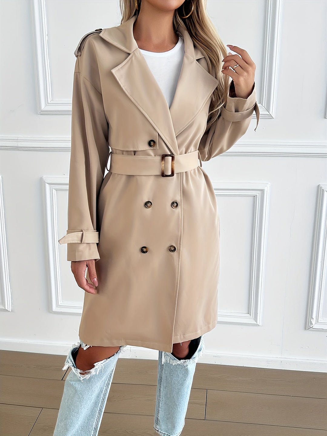 Elegant Belted Trench Coat with Long Sleeves for Women | Perfect for Everyday Wear