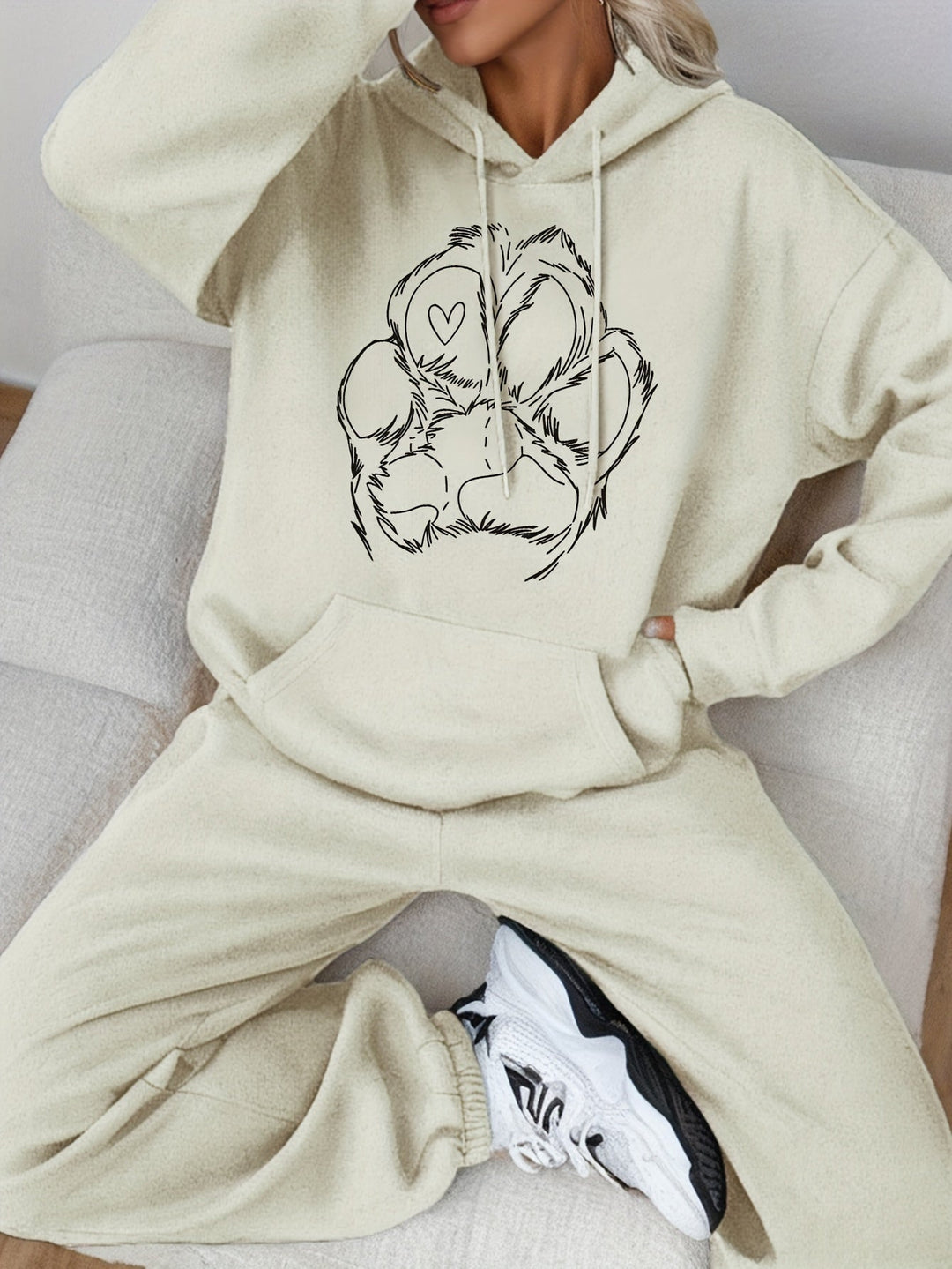 Women's Cotton Paw Print Sweater & Joggers Tracksuit Set | Ideal for Autumn/Winter