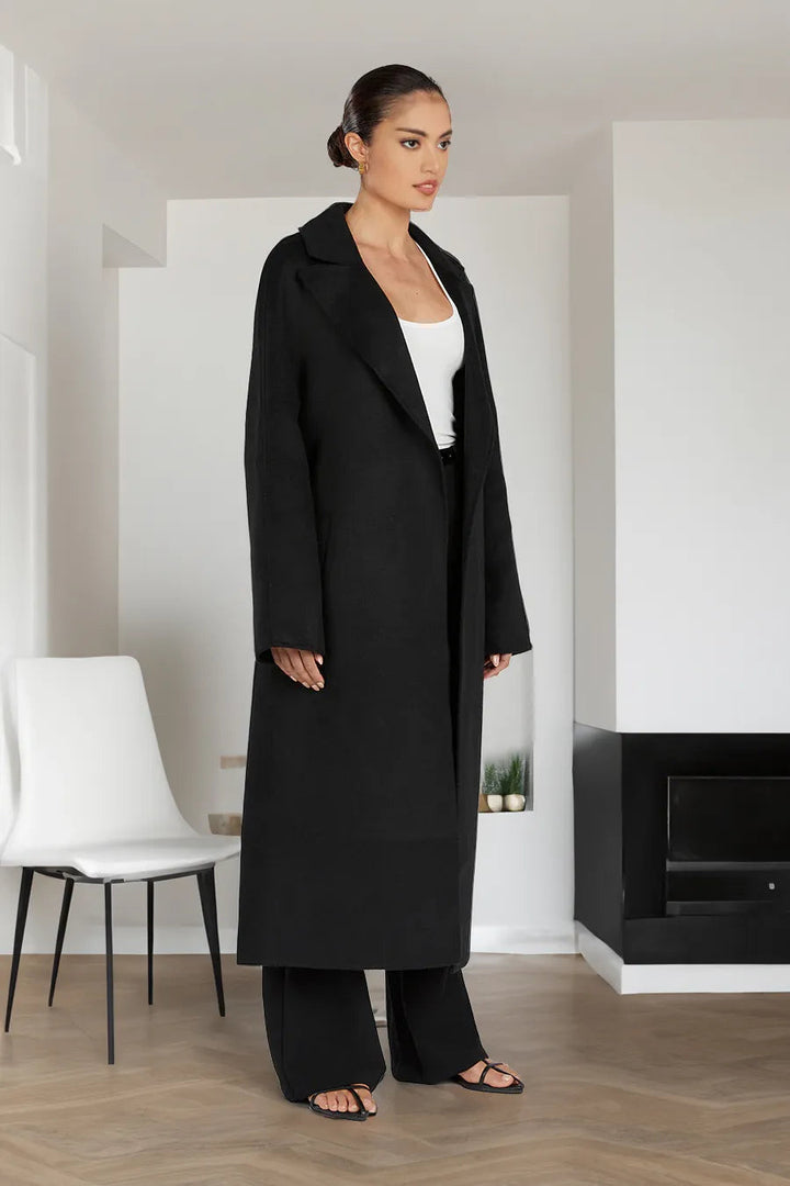 Women's Classic Woolen Long Trench Coat with Turn-Down Collar | Ideal for Autumn/Winter