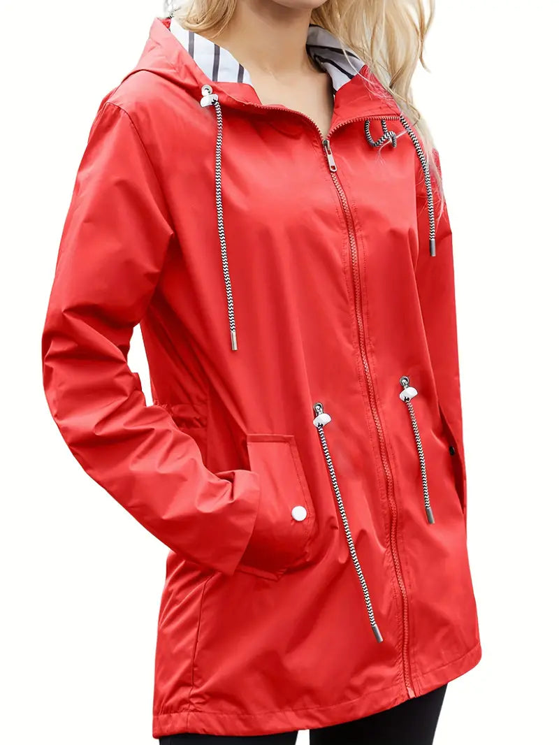 Women's Stylish Waterproof Zip Up Rain Coat with Hood and Drawstring | Ideal for Autumn/Winter