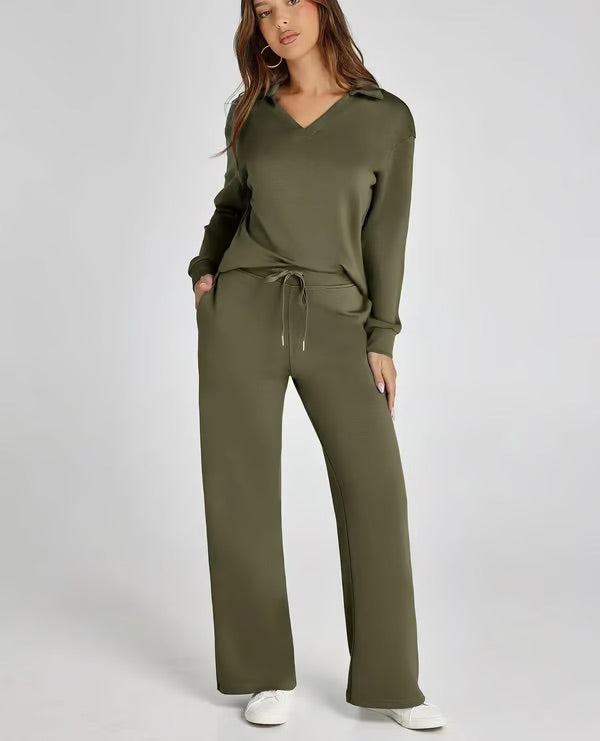 Women's Two-Piece Set V-Neck Sport Sweatshirt and Elastic Waist Wide-Leg Trousers | Ideal for Autumn/Winter