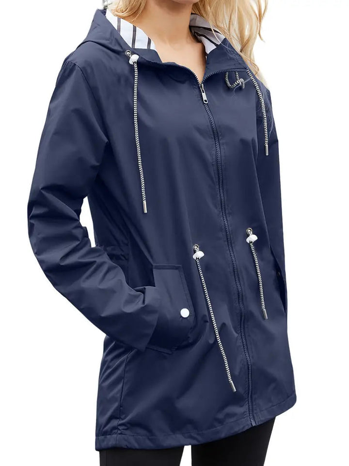 Women's Stylish Waterproof Zip Up Rain Coat with Hood and Drawstring | Ideal for Autumn/Winter