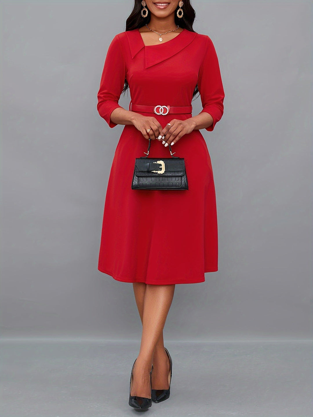 Stylish Solid Asymmetric Neck Belted 3/4 Sleeve Formal Dress for Women | Ideal for All Seasons