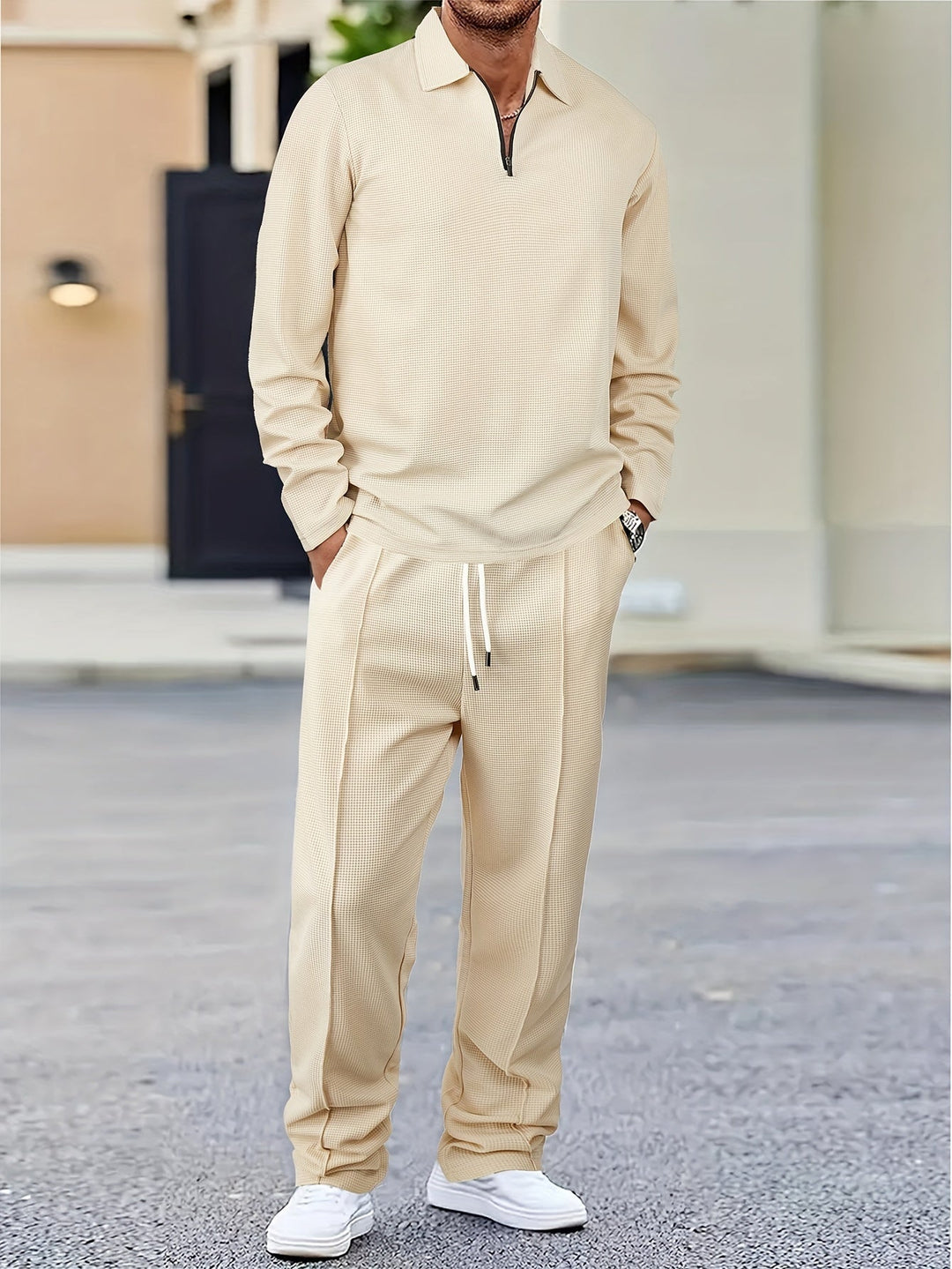 Casual Loose Fit Full Zip Cotton Tracksuit with Pockets and Drawstring Pants for Men | Ideal for All Seasons