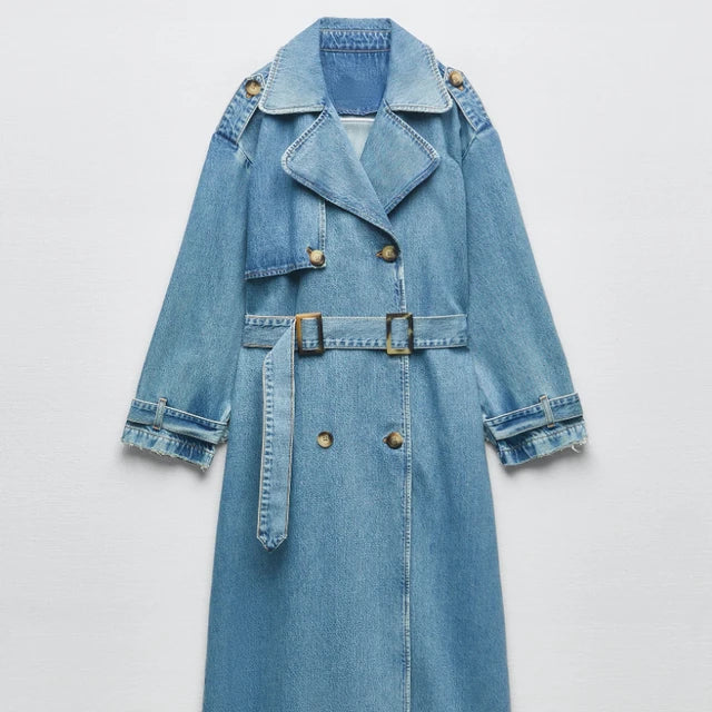 Women's Denim Trench Coat with Belt On Waist | Ideal for Autumn/Winter