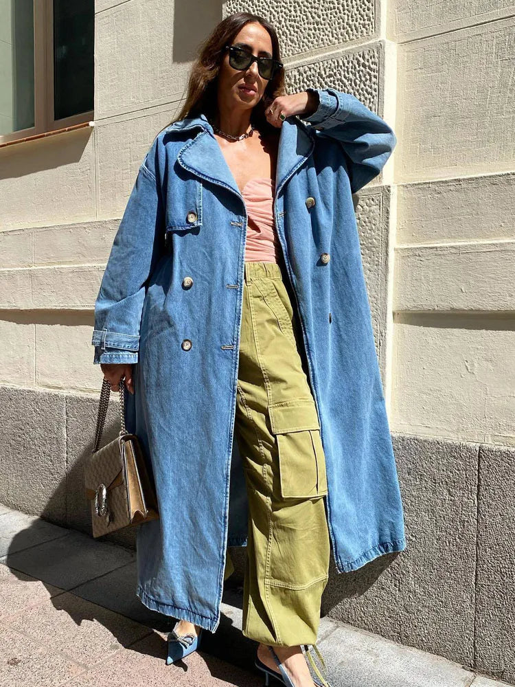 Women's Elegant Denim Trench Coat with Belt On Waist | Ideal for Autumn/Winter