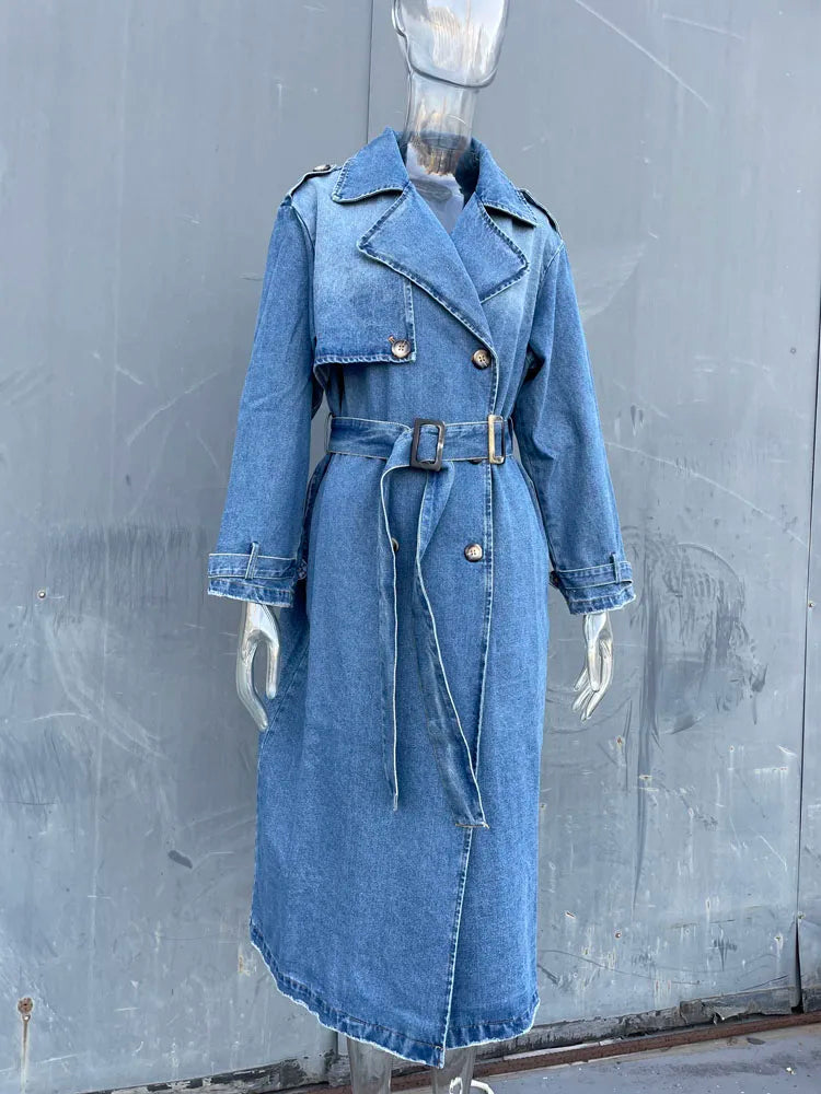 Women's Denim Trench Coat with Belt On Waist | Ideal for Autumn/Winter