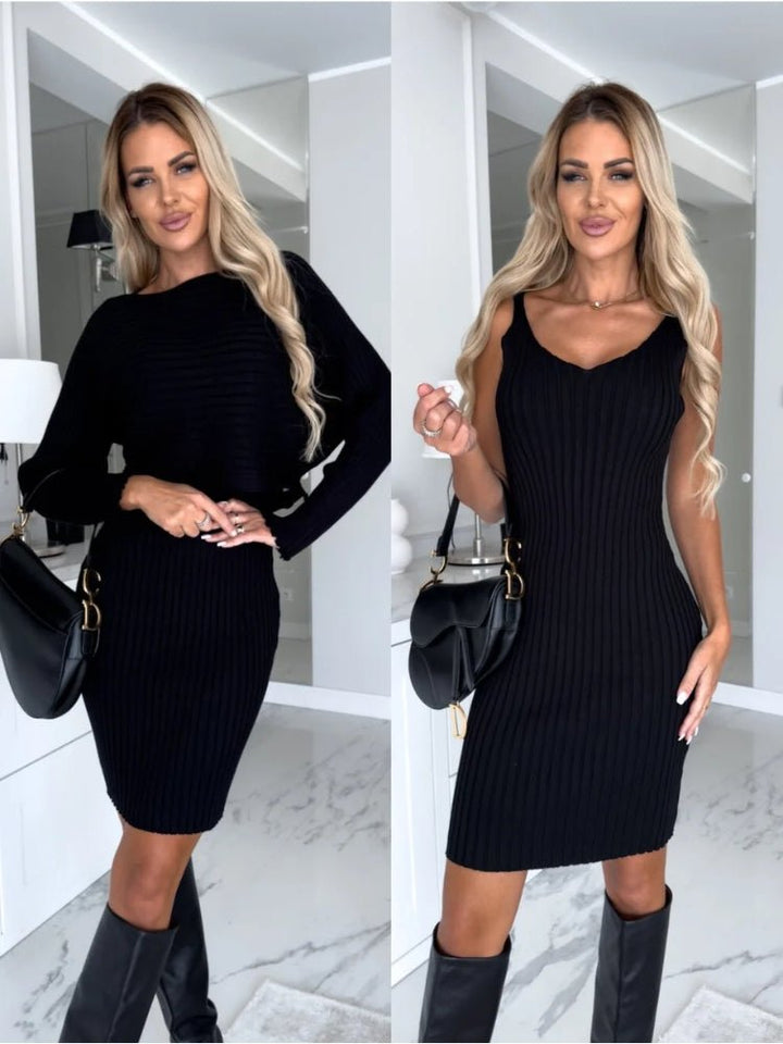 Women's Two-Piece Set Striped Sleeveless V-Neck Dress and Long Sleeve Loose Top | Ideal for All Seasons