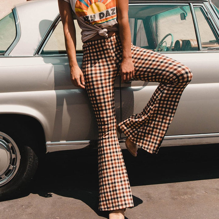 Piey - Women's Checkered Flare Trousers - Chic - High Quality Modern Style - For Daily Wear