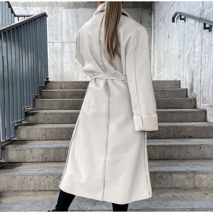 Women's Elegant Warm Vegan Leather Trench Coat with Split Pockets | Ideal for Autumn/Winter