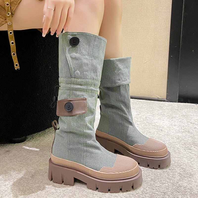 Casual Knee High Denim Look Retro Leather Boots for Women | Perfect for Casual Days