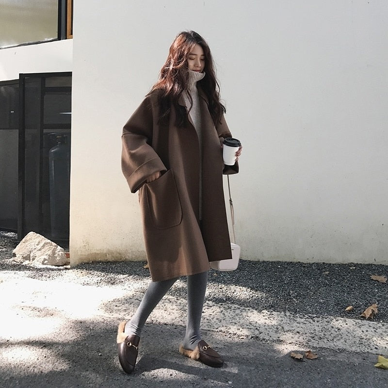 Women's Elegant Loose Woolen Trench Coat | Ideal for Autumn/Winter