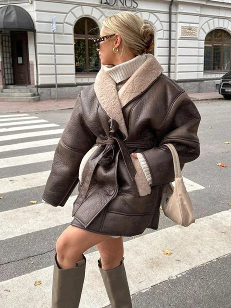 Women's Classic Vegan Leather Winter Coat with Lambswool | Ideal for Autumn/Winter