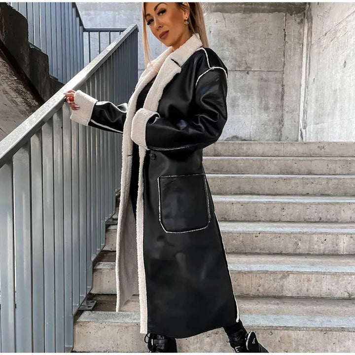 Women's Elegant Warm Vegan Leather Trench Coat with Split Pockets | Ideal for Autumn/Winter