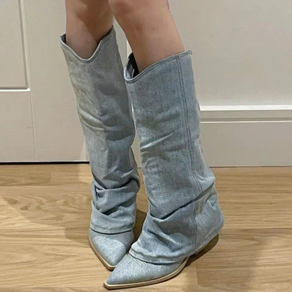 Elegant Knee High Faux Fur Winter Denim Boots for Women | Ideal for Winter