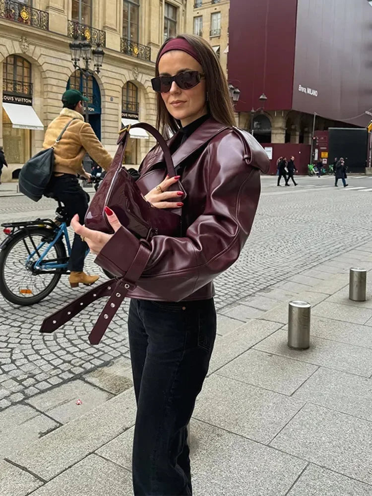 Elegant Red Leather Jacket with Belt for Women | Ideal for Autumn