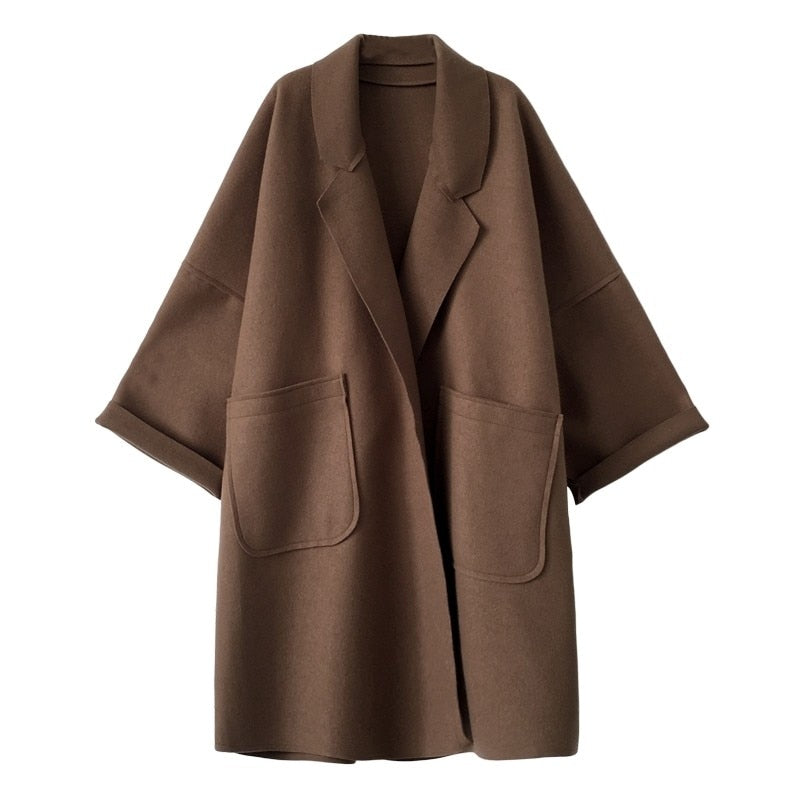 Women's Elegant Loose Woolen Trench Coat | Ideal for Autumn/Winter