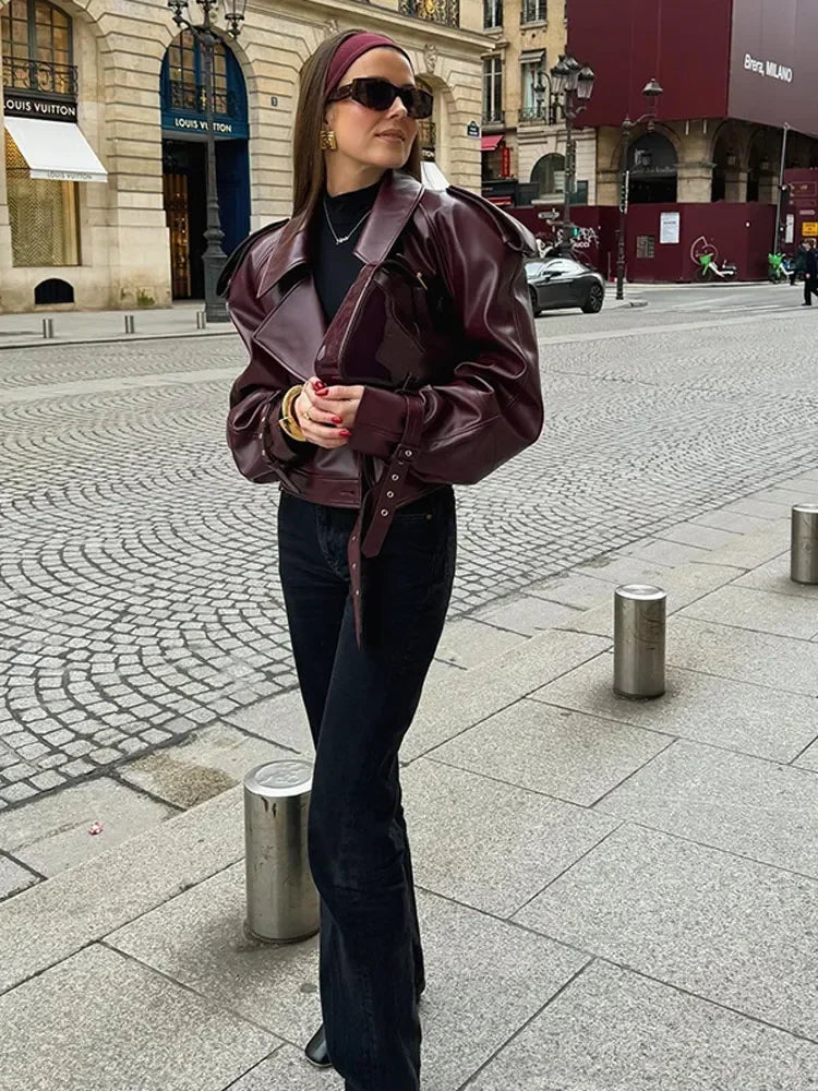 Elegant Red Leather Jacket with Belt for Women | Ideal for Autumn