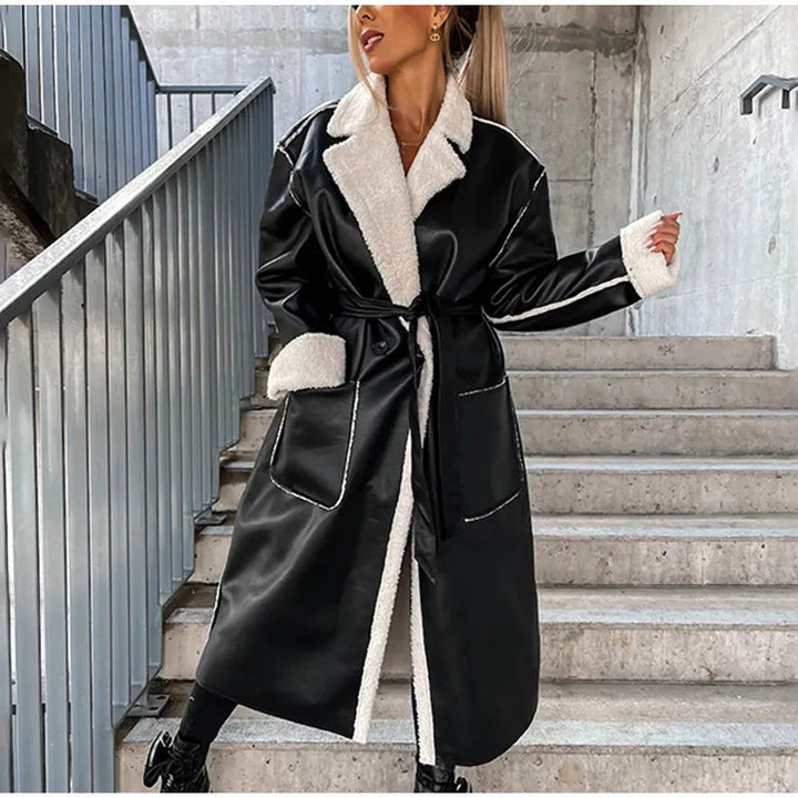 Women's Elegant Warm Vegan Leather Trench Coat with Split Pockets | Ideal for Autumn/Winter