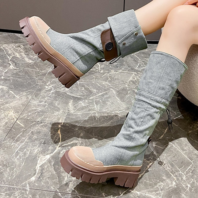 Casual Knee High Denim Look Retro Leather Boots for Women | Perfect for Casual Days