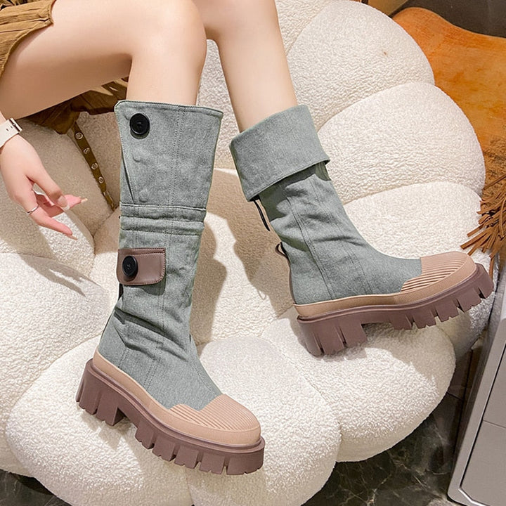 Casual Knee High Denim Look Retro Leather Boots for Women | Perfect for Casual Days