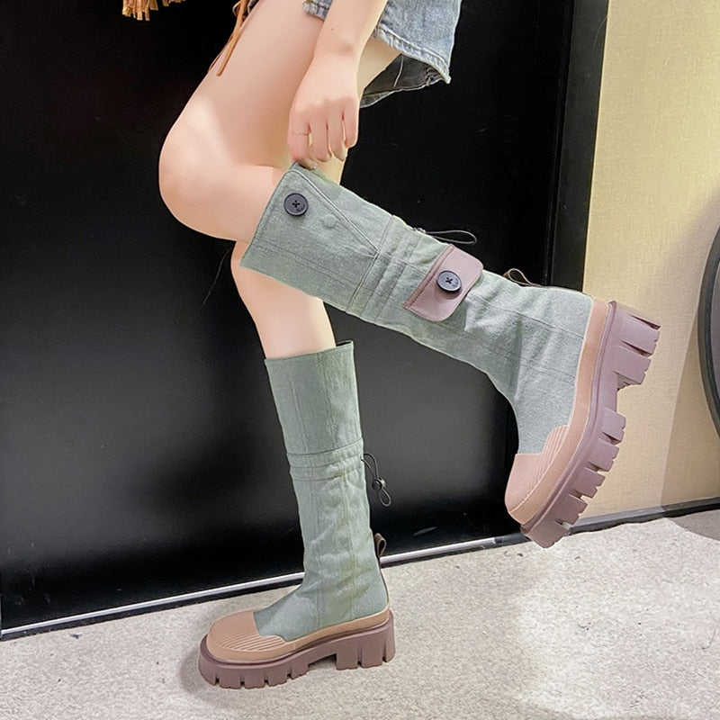 Casual Knee High Denim Look Retro Leather Boots for Women | Perfect for Casual Days