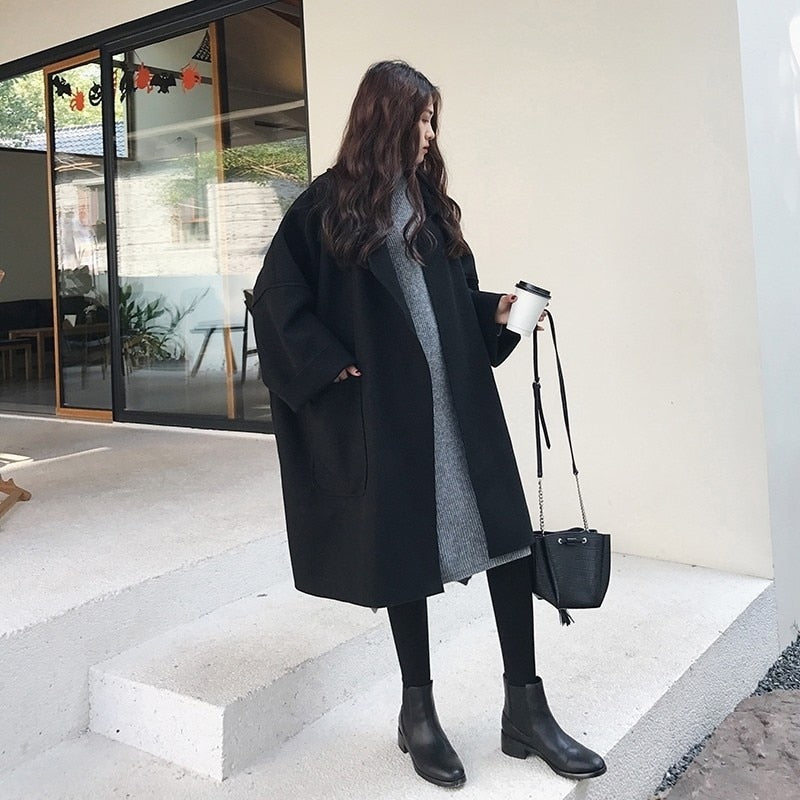 Women's Elegant Loose Woolen Trench Coat | Ideal for Autumn/Winter