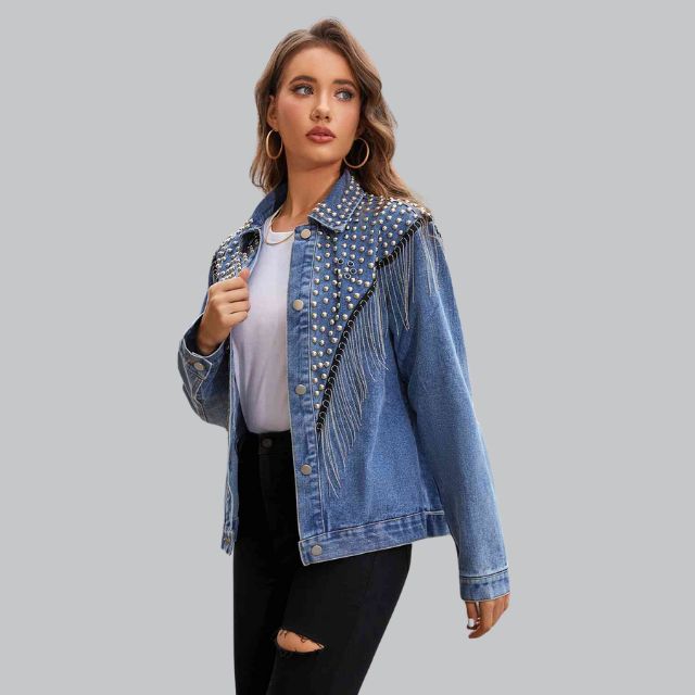 Chic Denim Fringe Jacket with Studs | Perfect for Autumn Days