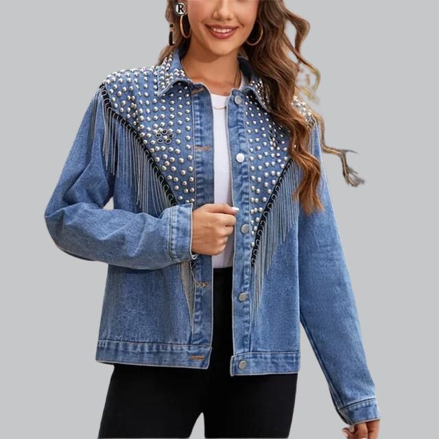 Chic Denim Fringe Jacket with Studs | Perfect for Autumn Days