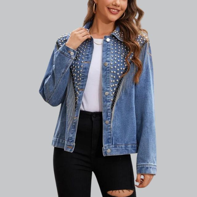 Chic Denim Fringe Jacket with Studs | Perfect for Autumn Days