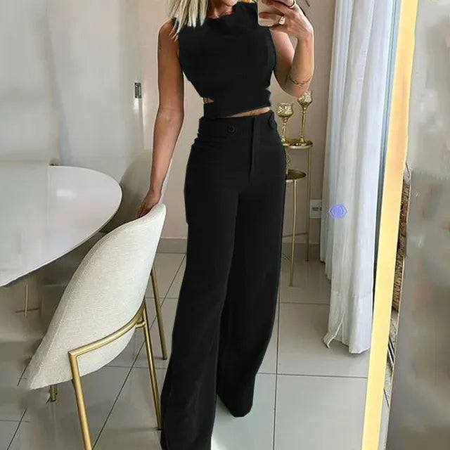 Jhara - Chic Cropped Top High Waist Long Trousers Suits